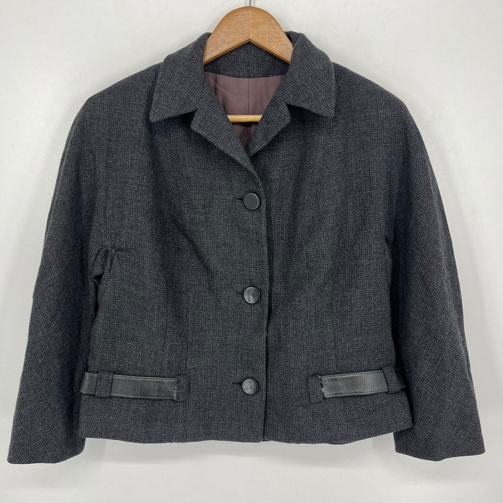 Buddy Bates Vintage Gray Textured Wool Blend Jacket w/ Leather Belted Back M
